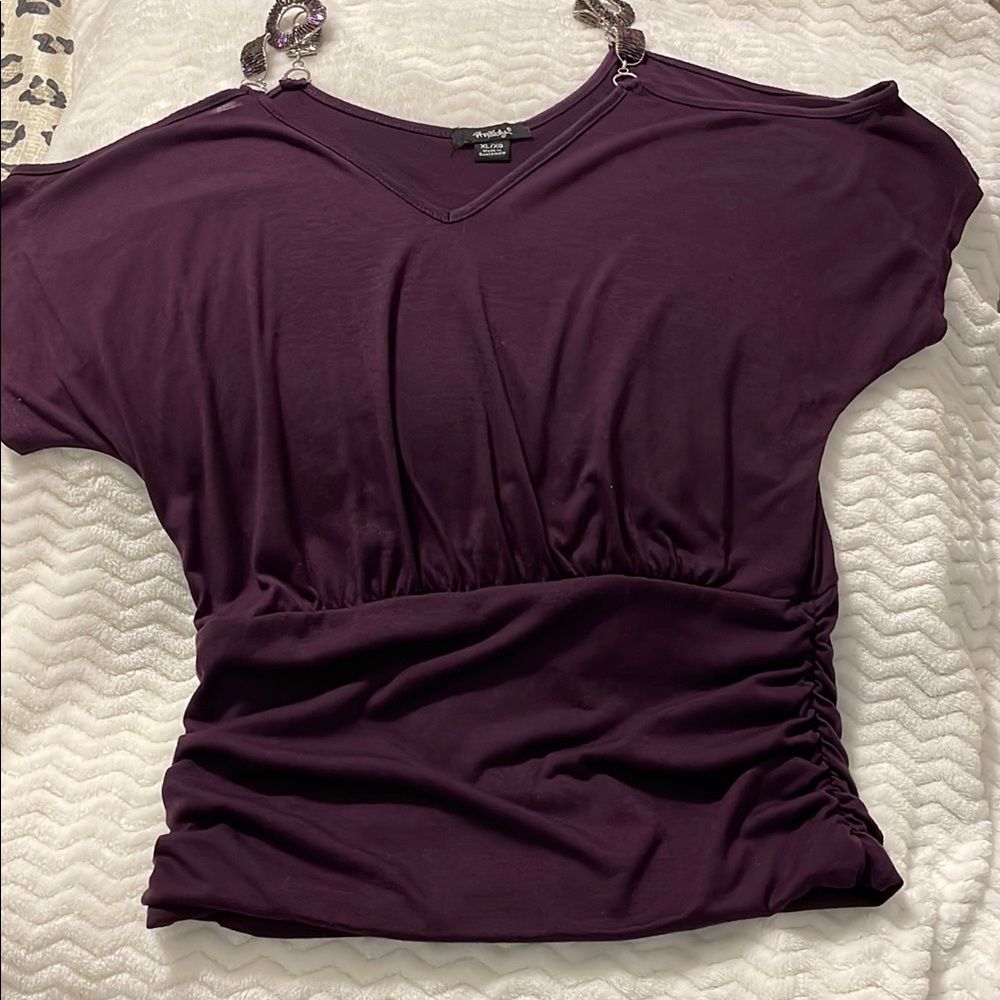 Plum Ruched Blouse with shoulder out with shimmering shoulder straps
